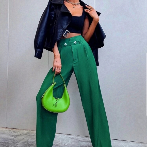 Pants - High-waist green wide leg pants